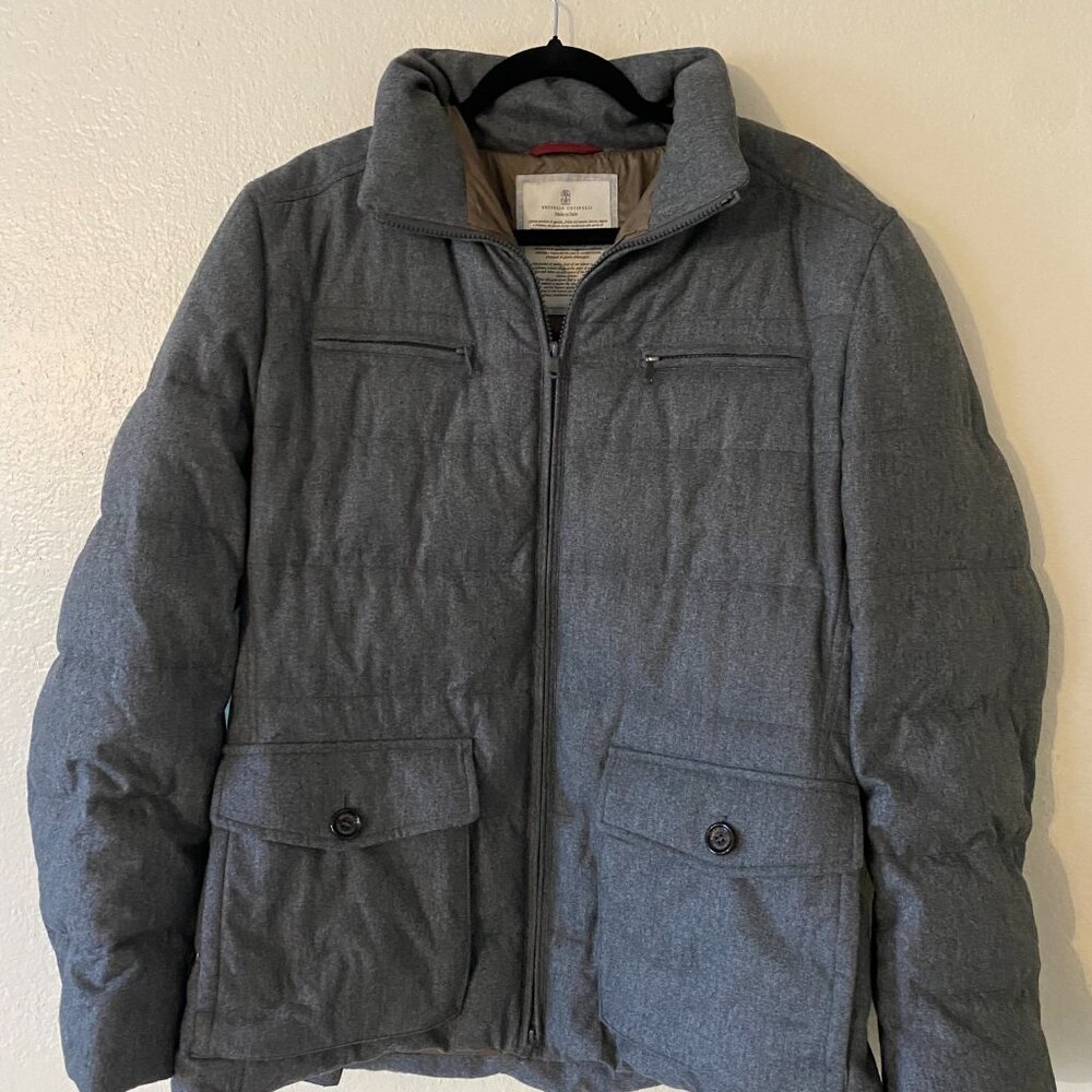 Brunello Cucinelli Grey Wool/Silk/Cashmere Quilted Coat Size XL